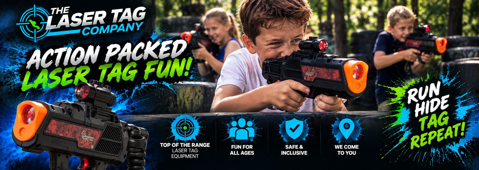 Players enjoying mobile laser tag with blue Mega Phasor-style equipment